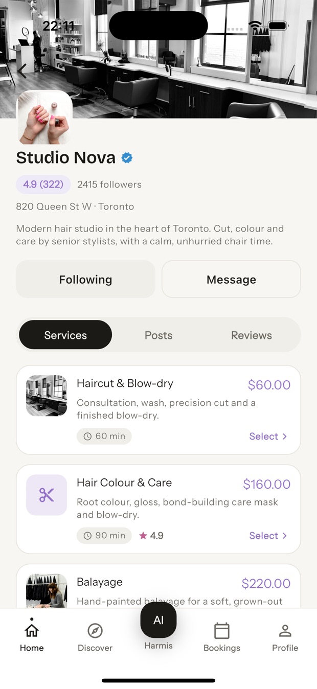 Harmis app showing a hair studio with its services and prices