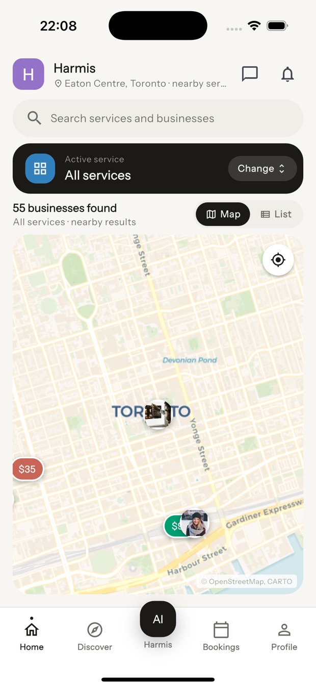 Businesses near you on a map, with prices shown on each pin