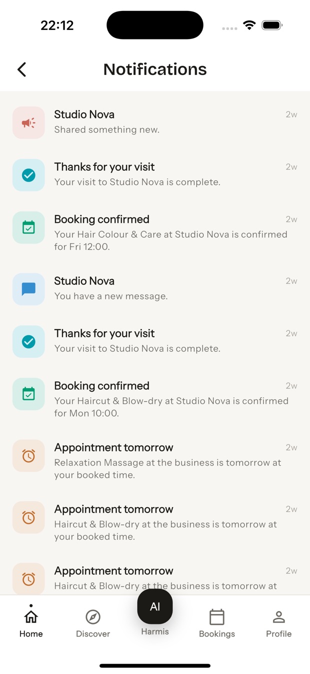 Notifications listing booking confirmations and appointment reminders